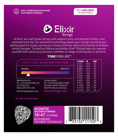 Struny Elixir PolyWeb 80/20 Bronze 10-47 12-String Light (11150)